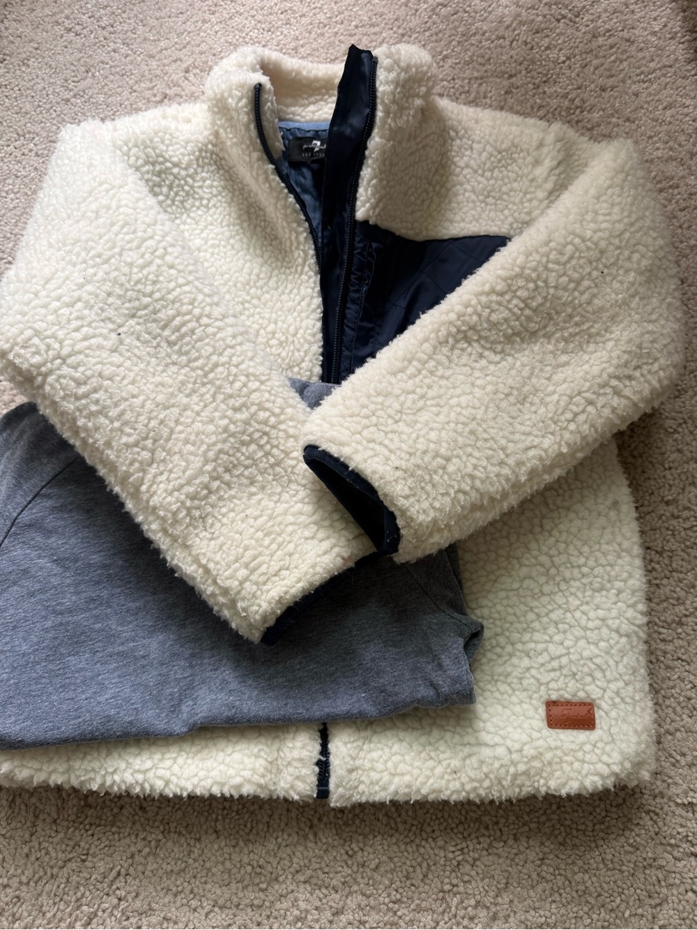 7 For All Mankind Kids Cream Sherpa Jacket with Navy Trim